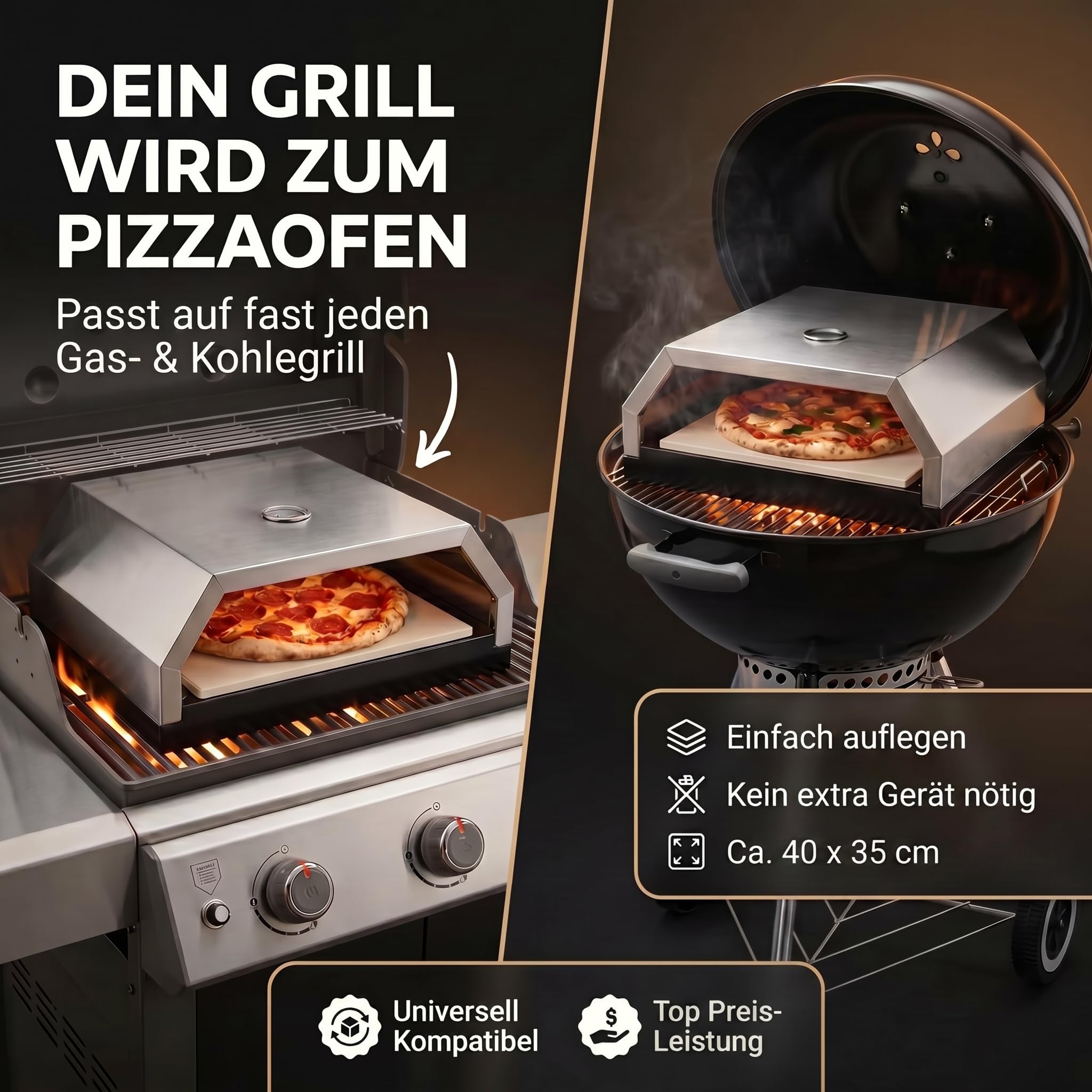 Pizzaofen aus Edelstahl mit Pizzastein für Gasgrill & Holzkohlegrill – Pizzabox für BBQ mit Thermometer (Silber)