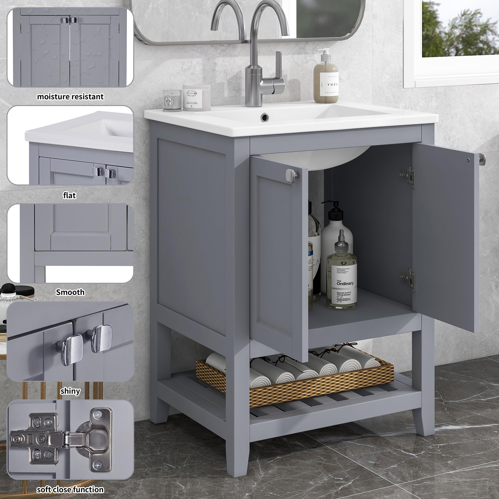 Mobile da bagno singolo con base 60 cm con lavabo in ceramica, grigio chiaro