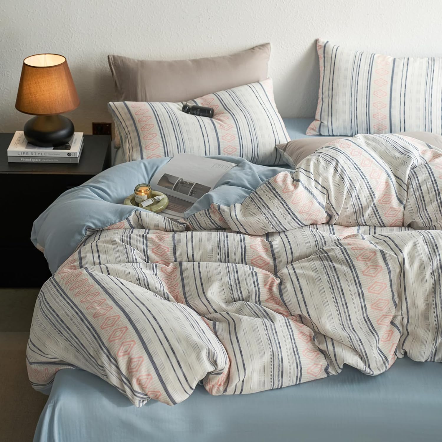 EAVD Boho Blue Geometric Stripes Duvet Cover King Soft Eucalyptus Lyocell Cotton Blend Silky Cooling Comforter Cover Set for Hot Sleeper Modern Geometric Pattern Duvet Cover with Zipper