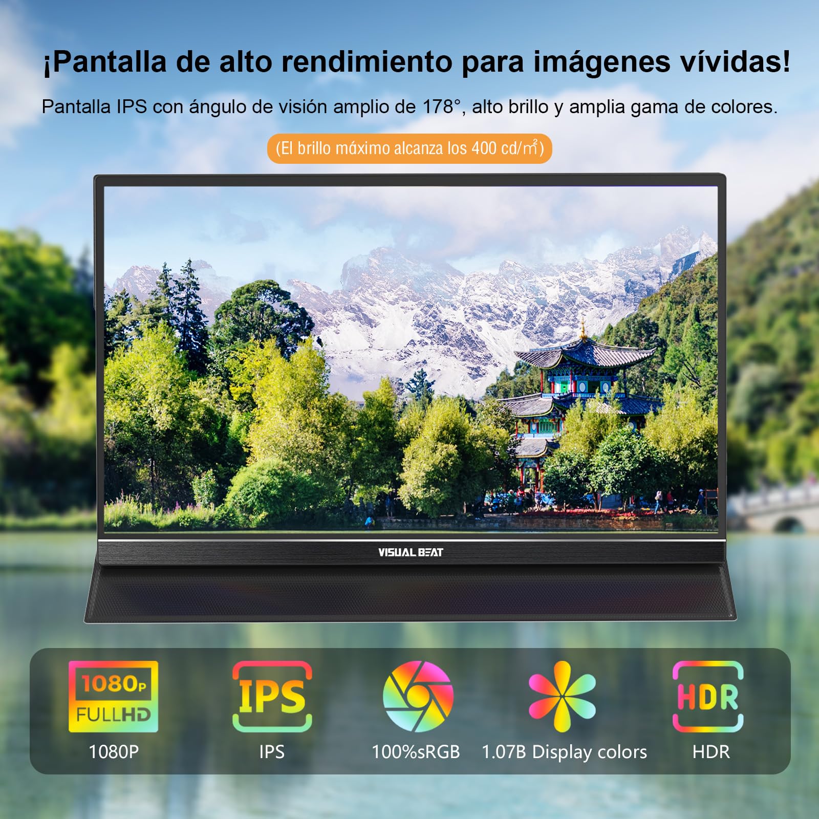 Visual Beat Monitor Portátil Táctil 15,6" Full HD 1080P, IPS 100% sRGB, USB-C y HDMI, Toque de 10 Puntos, Funda Soporte, VESA, para Portátil, PC, Mac y Switch