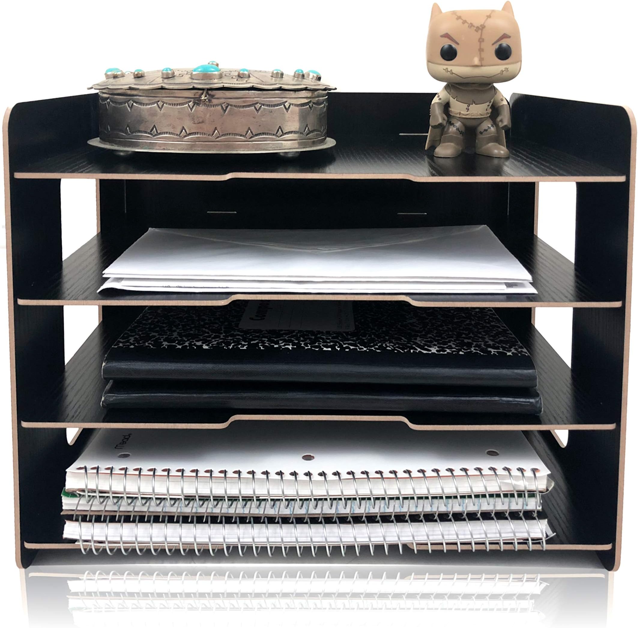 Organize Fun 4-Tier Desk Organizer, Document Tray, File Rack, Paper Holder. A Desktop Essential for Home, Office, College Dorm and Classroom. Tools Free Assembly. (Black)