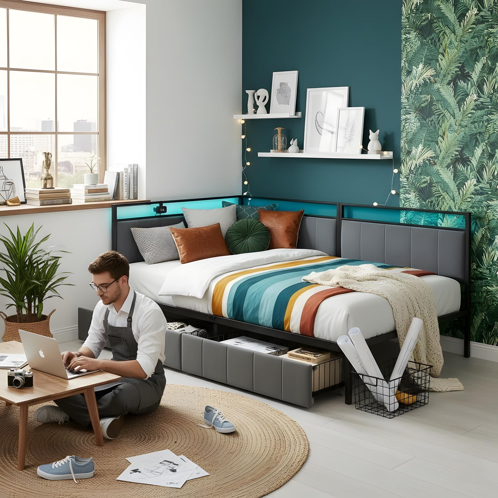 Sofá Cama de 90x200 cm con Luz LED,2 Cajones de Almacenamiento, Cabecero Tapizado en Tela, Puerto USB, Somier de Lamas Metálicas – Cama Individual para Adultos, Niños, Salón o Dormitorio–Gris