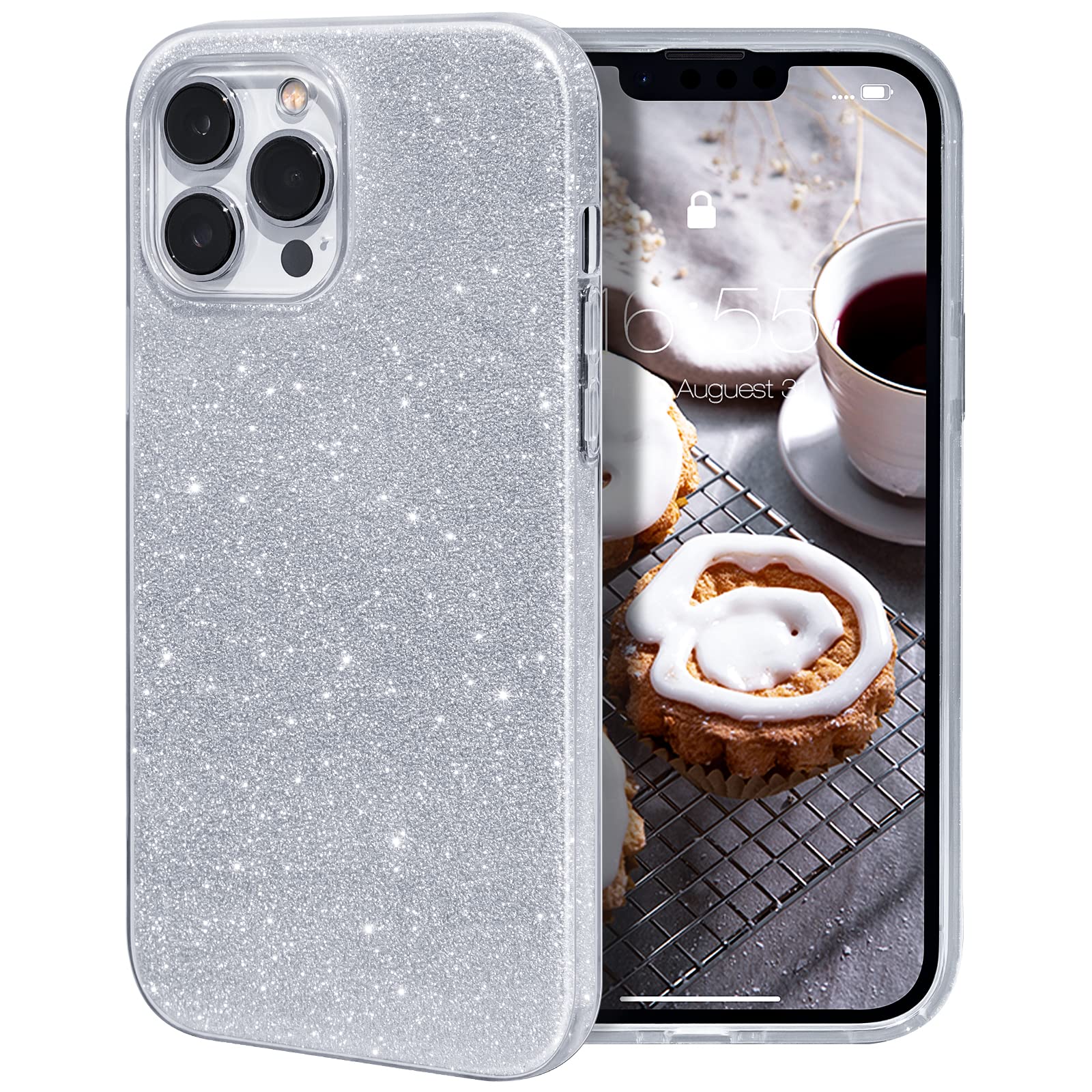 MILPROX Compatible with iPhone 13 Pro Case (2021), Glitter Sparkly Shiny Bling Rubber Gel Shell Cases 3 Layers Shockproof Protective Bumper Cover for iPhone 13 Pro 6.1"【3 Cameras】 2021-Silver