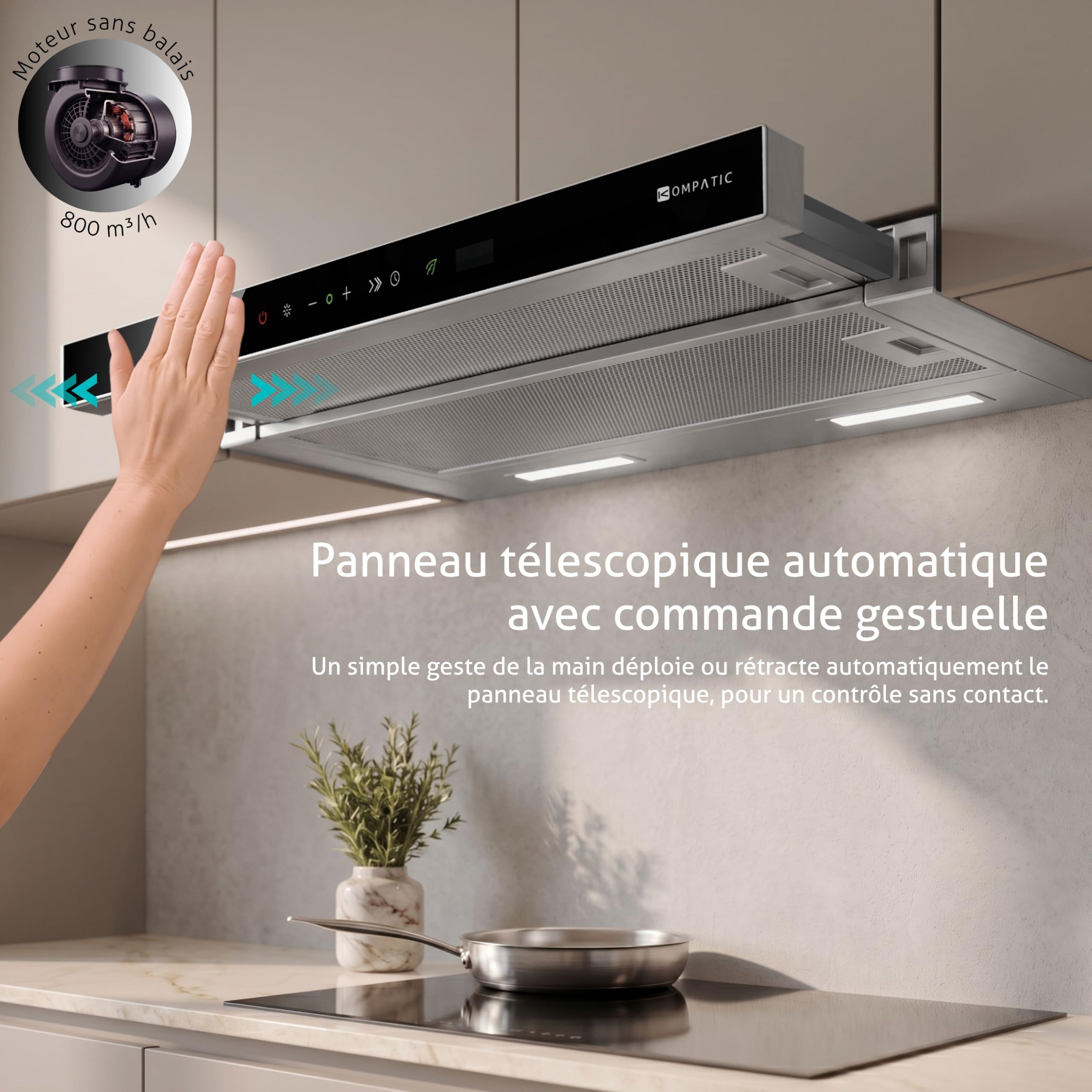 Hotte Télescopique Encastrable Kompatic Novia 60 KNA60TS, Moteur Brushless 800 m³/h, Commande Gestuelle et Tactile, Classe A+++, 3 Vitesses + 2 Boosts, LED, Minuterie, Inox