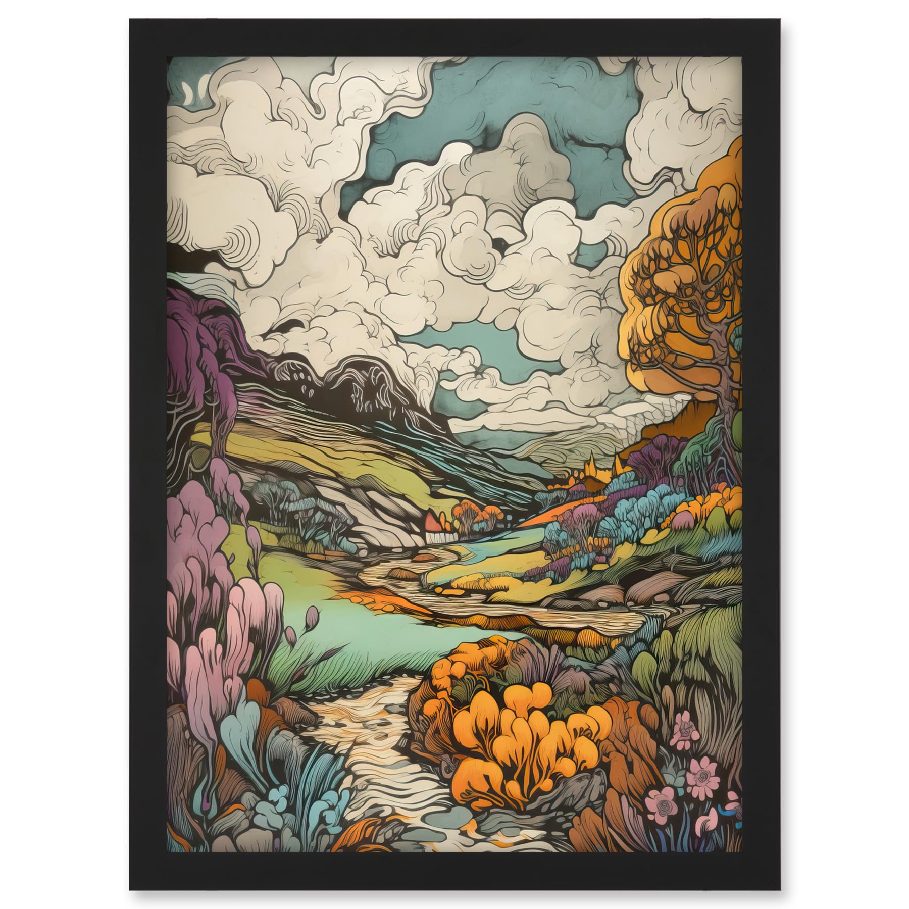 Artery8 Meadow River Multicoloured Landscape Illustration Artwork Framed A3 Wall Art Print
