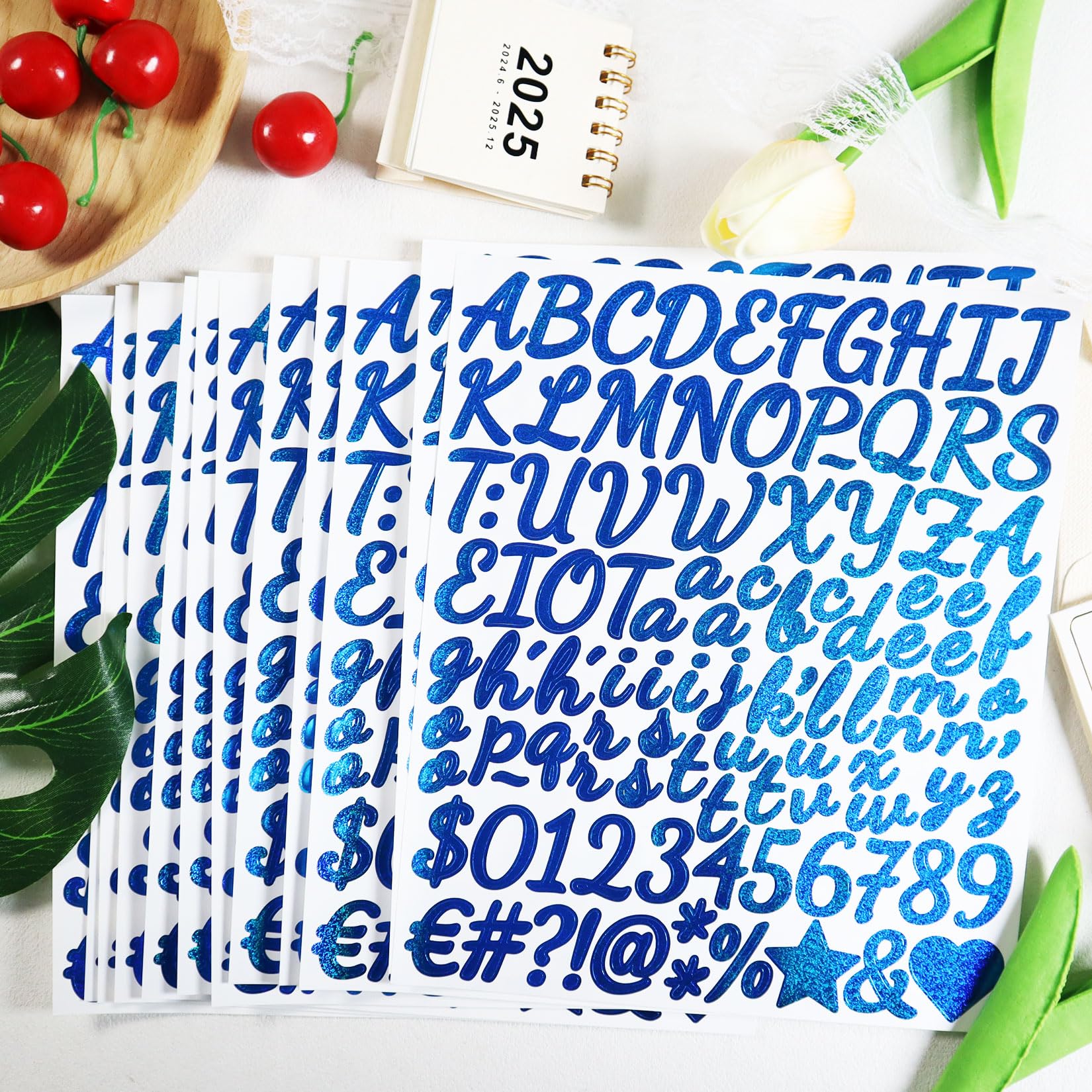1248 calcomanías con purpurina para números de letras, 1 pulgada con símbolo del alfabeto brillante para álbumes de recortes, tarjetas de felicitación, bricolaje, azul claro