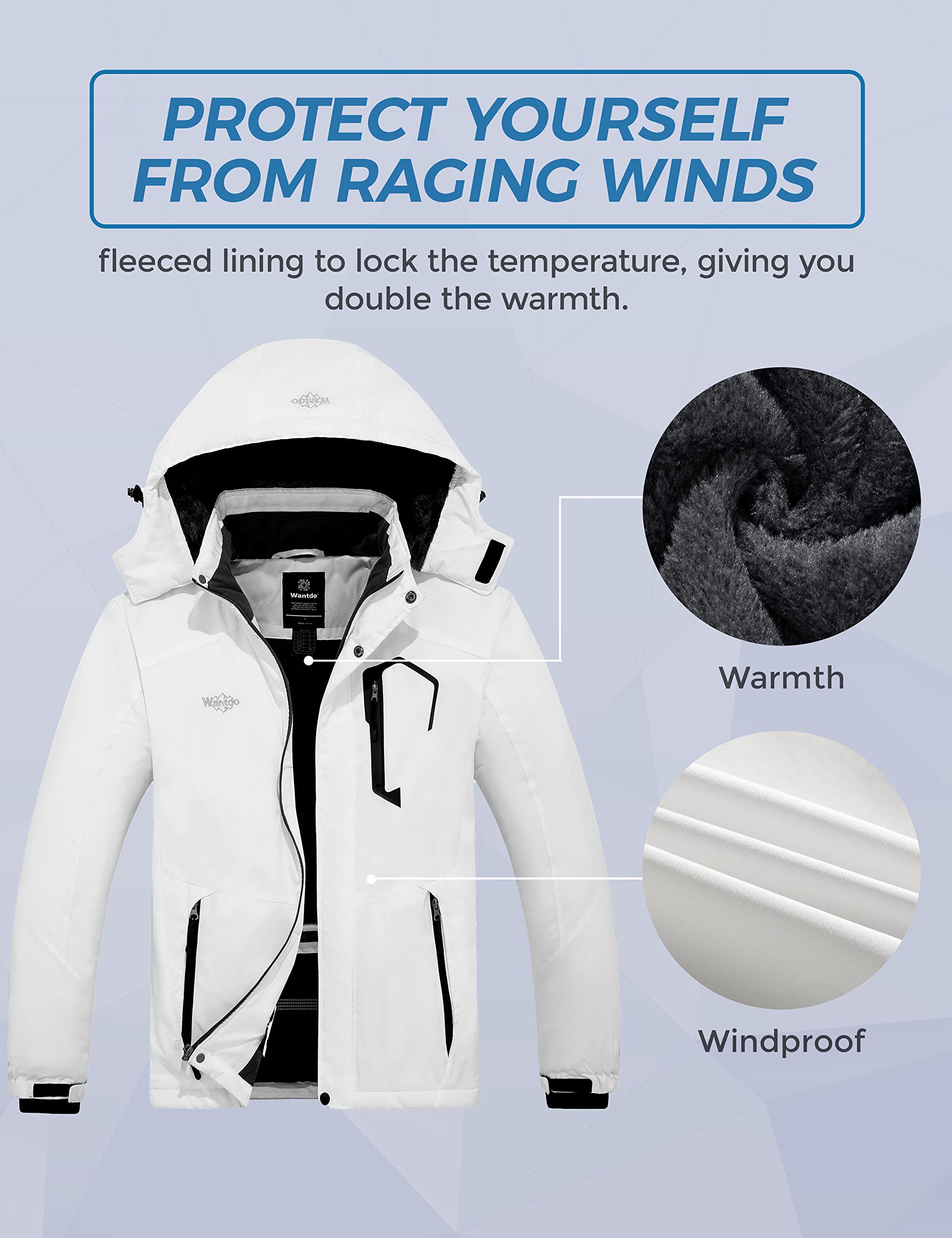 Wantdo Giacca da Sci Montagna Calda Invernale Parka da Neve Imbottita Cappotto da Snowboard in Pile Giubbotto con Cappuccio Impermeabile Uomo