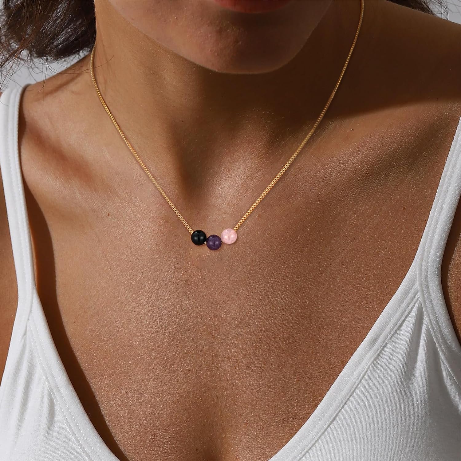 Healing Crystal Necklace for Women 14k Plated Gold Beaded Necklace Anxiety Relief Triple Protection Amethyst Gifts for Friends Sister Mom Daughter Jewelry