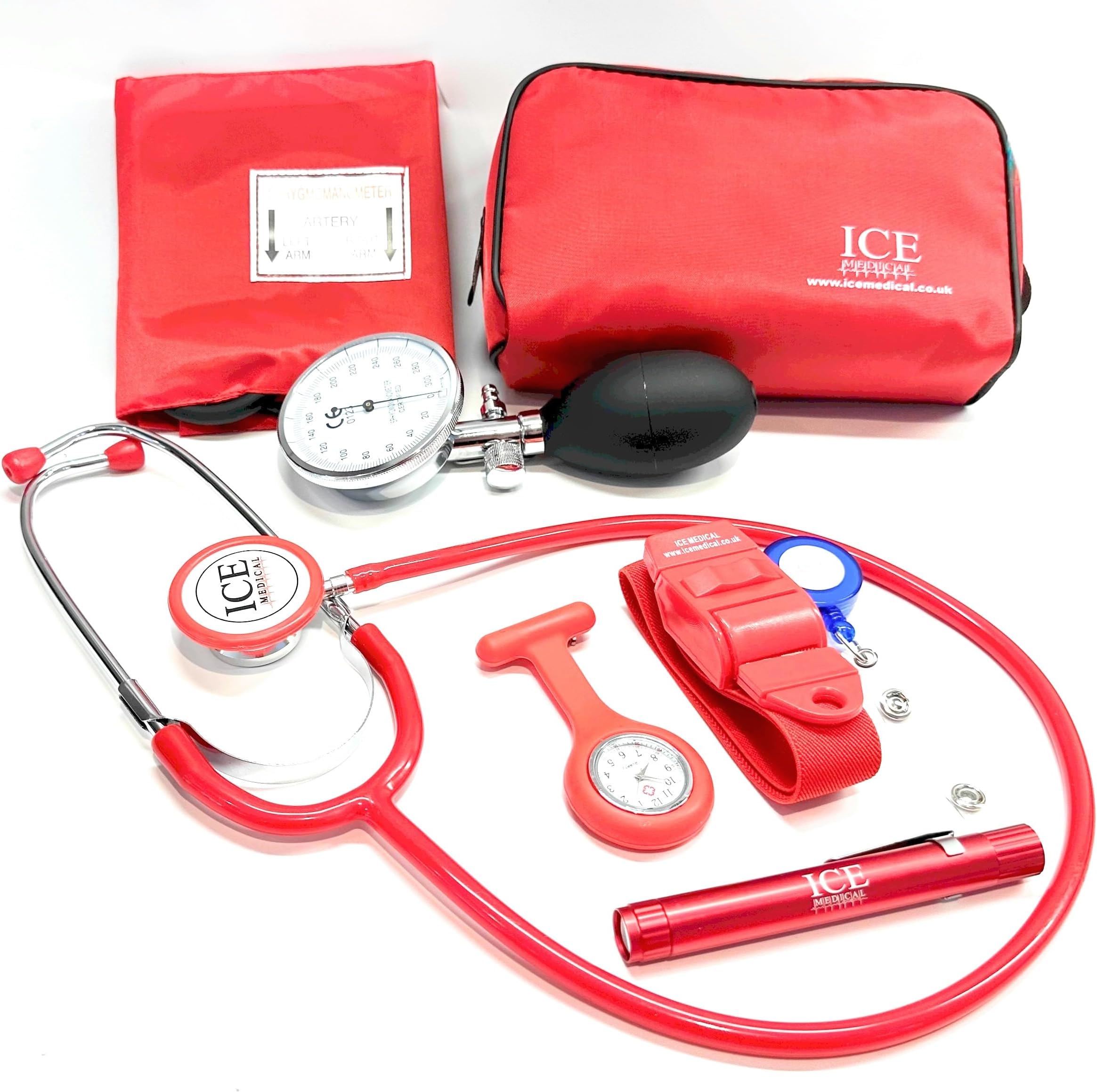 Aneroid Blood Pressure Sphygmomanometer Monitor, Stethoscope, Pen Light (Pen Torch), Tourniquet, Nurse Watch, Lanyard ID Card Holder - Starter Set (Red with Silicone Watch)