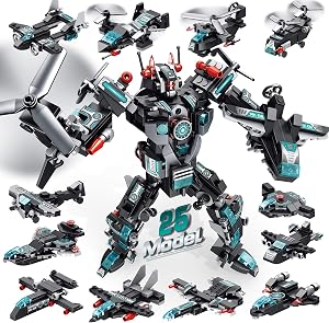 STEM 25 in 1 Transforming Robot Building Kit, 577 PCS Building Toy Kit, 25-in-1 Building Bricks Educational Construction Set Engineering Toys, Learning Toy for Boys Age 6-12
