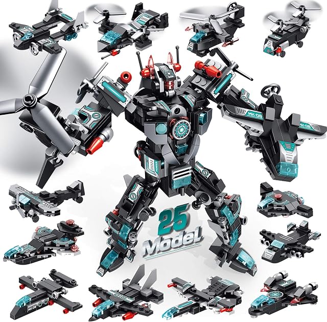 STEM 25 in 1 Transforming Robot Building Kit, 577 PCS Building Toy Kit, 25-in-1 Building Bricks Educational Construction Set Engineering Toys, Learning Toy for Boys Age 6-12