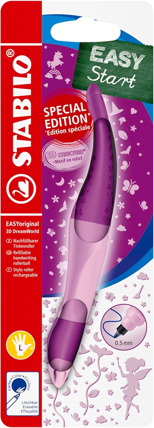 STABILO EASYoriginal 3D DreamWorld - Ergonomic Rollerball - Left-Handed - Pack of 1 - Pink including Blue Ink Cartridge