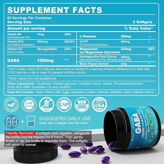 GABA Supplement - 1000 mg Liposomal Form for Optimal Absorption, GABA with L-Theanine, Magnesium Glycinate, 5HTP, Vitamin D3 for Calm, Relaxation, Mood, Restful Night - Melatonin-Free 120 Softgels.