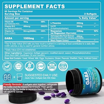 GABA Supplement - 1000 mg Liposomal Form for Optimal Absorption, GABA with L-Theanine, Magnesium Glycinate, 5HTP, Vitamin D3 for Calm, Relaxation, Mood, Restful Night - Melatonin-Free 120 Softgels.