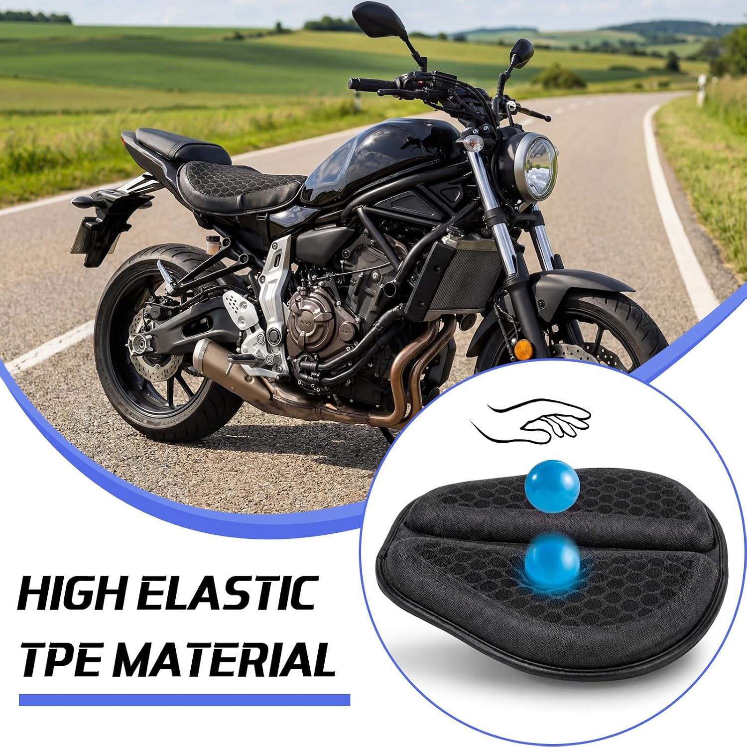 BBTO Motorcycle Gel Seat Cushion with Throttle Assist, Large Foldable 3D Honeycomb Shock-Absorbing Breathable Motorcycle Seat Pad with Cruise Control Holder, Motorbike Accessories for Long Rides