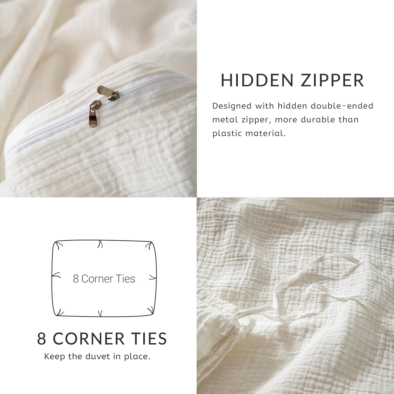 Muslin Duvet Cover 100% Washed Cotton, Queen Size Duvet Cover Set Linen Like, Minimalist Soft Comforter Cover 3 Pieces, Lightweight Gauze Duvet Cover with 2 Pillowcases, 90”x90”, Pure White - Image 6
