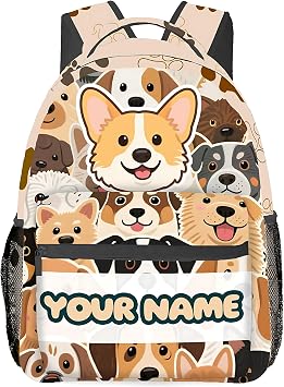 Custom Backpack with Name for School & Work - Dog Theme Durable Backpacks for Girls & Boys - 17 Inches Kawaii Lightweight Bookbag with Large Capacity
