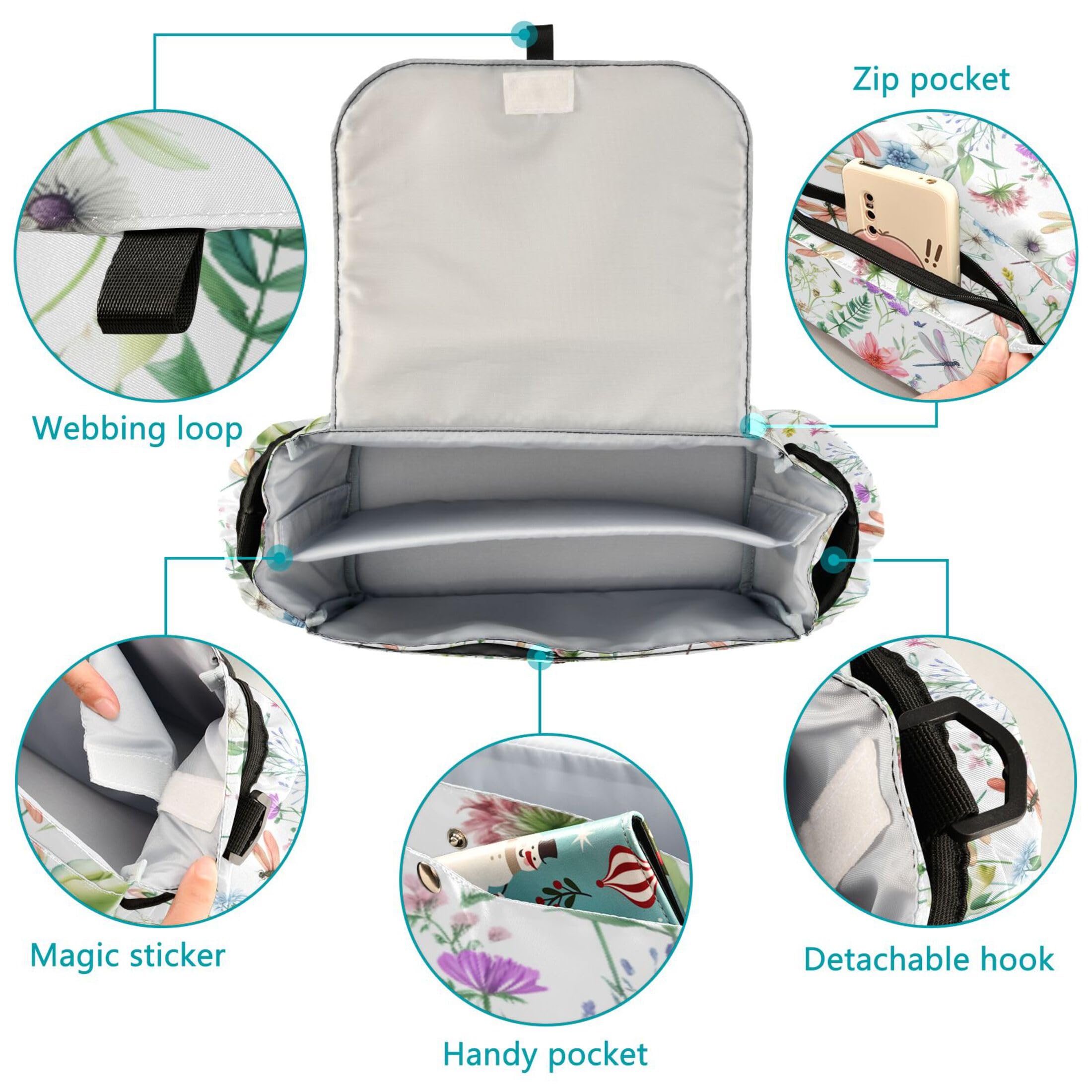 Burbuja Flowers Dragonflies Stroller Organizer with Insulated Cup Holders, Non-Slip Stroller Caddy Universal Fits Most Strollers, Nursery Accessories