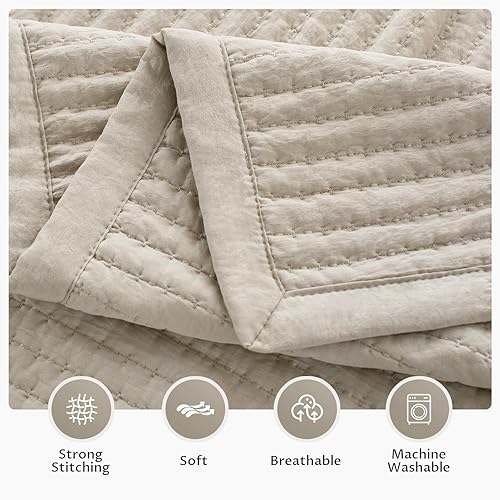 Vista 157 de KASENTEX - Juego de edredón lavable a máquina, cubrecama muy suave, ligero, lavado a la piedra, con costuras detalladas, matrimonial/queen con 2