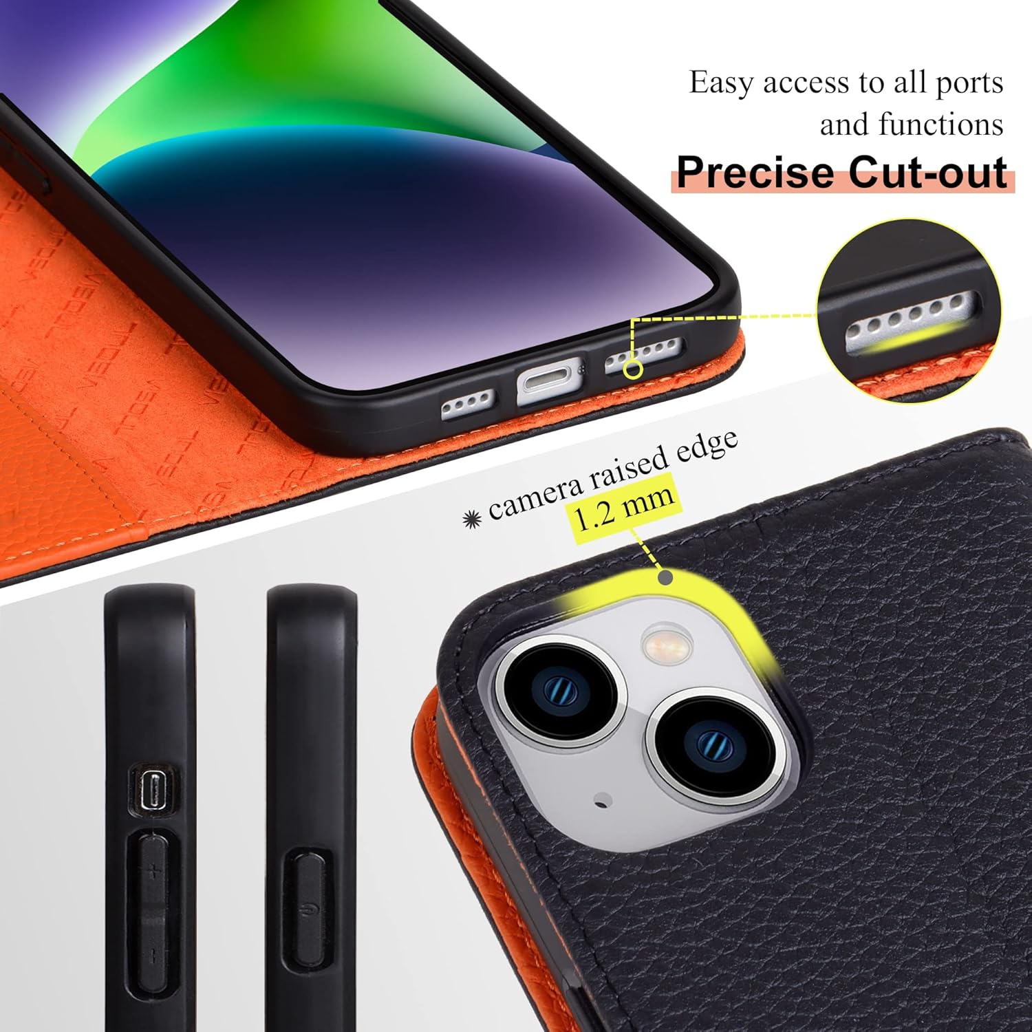 VISOUL Pebbled Leather Case for iPhone 15 Plus, Genuine Leather Wallet Case with Card Holder Kickstand Magnetic Flip Cover Designer for iPhone 15 Plus (6.7")(Black+Orange)