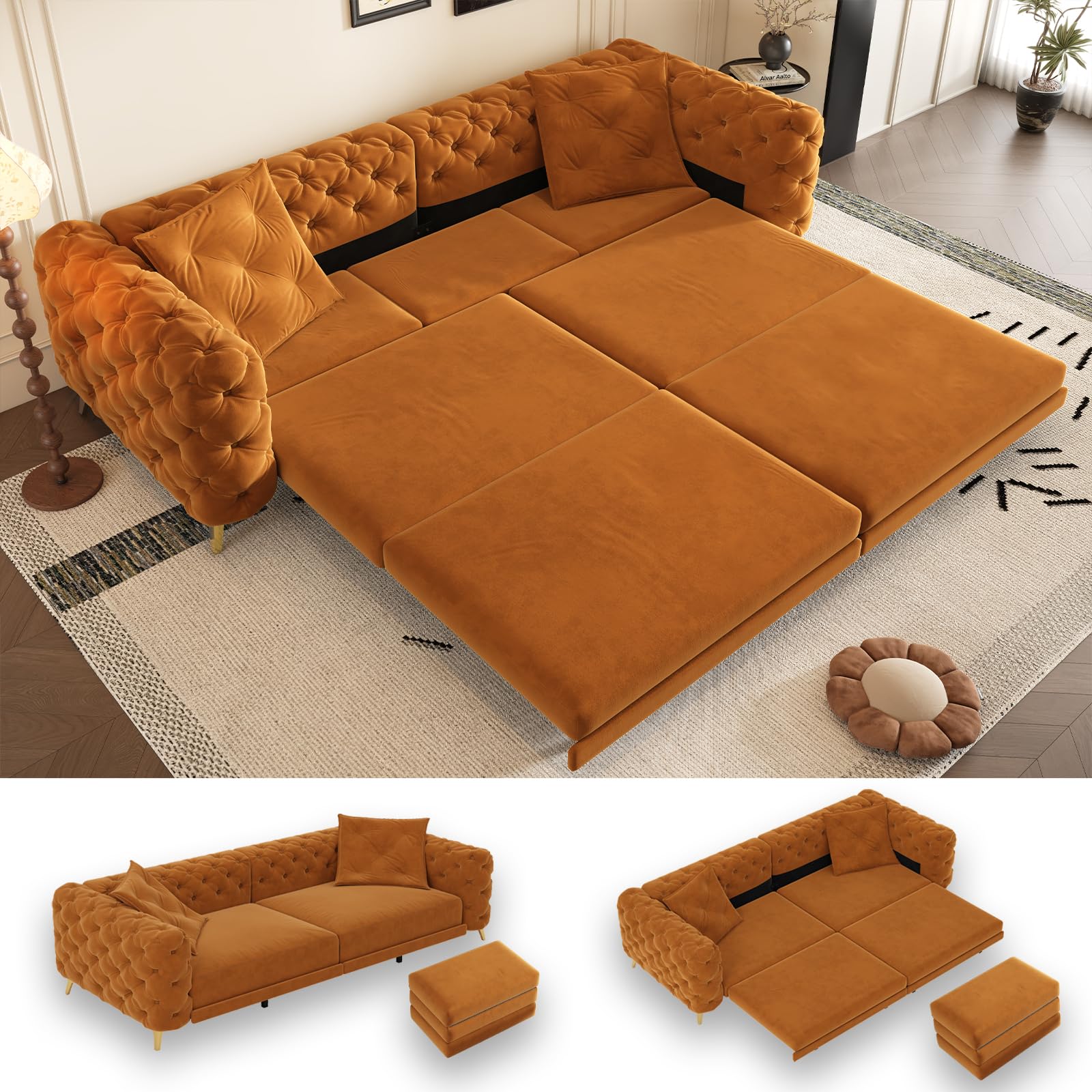 97.7" King Pull Out Sofa Bed, Velvet Chesterfield Sleeper Sofa Couch, 3 in 1 Convertible Tufted Futon Couches with Ottoman for Living Room, Small Space, Apartment, Office, Bedroom, Orange