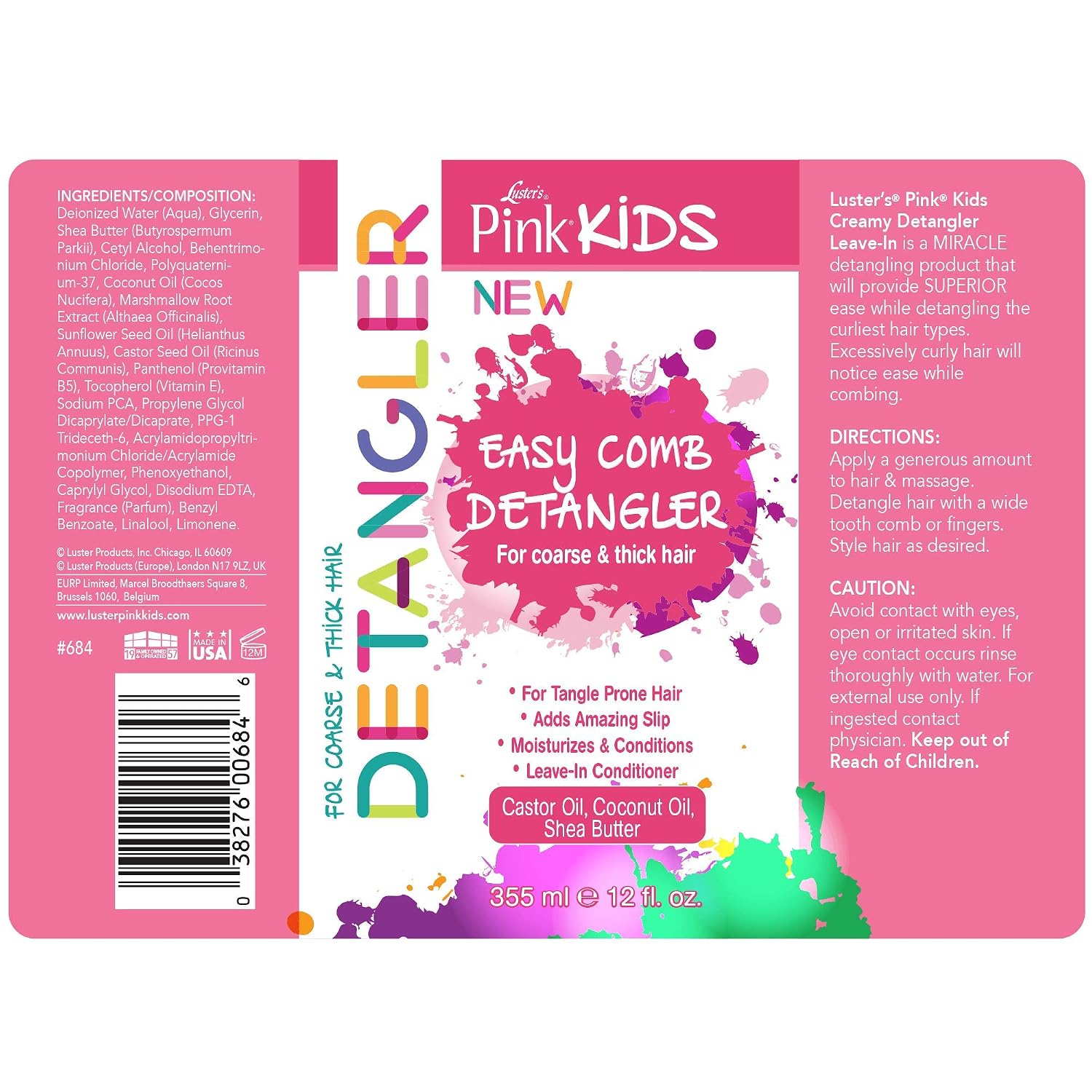 Luster's Pink Kids Easy Comb Detangler, 12 Ounce Made with Castor Oil, Coconut Oil and Shea Butter.