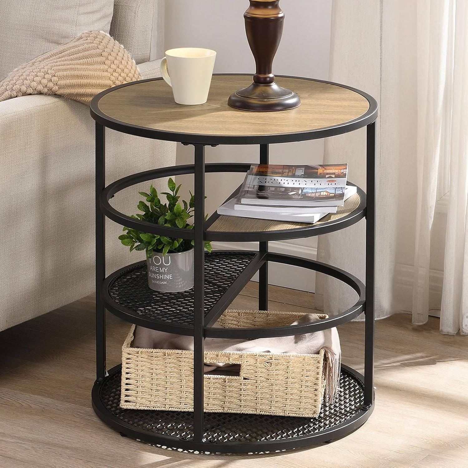 FERFALDER Round End Tables, 4Tiers Rustic Industrial Side