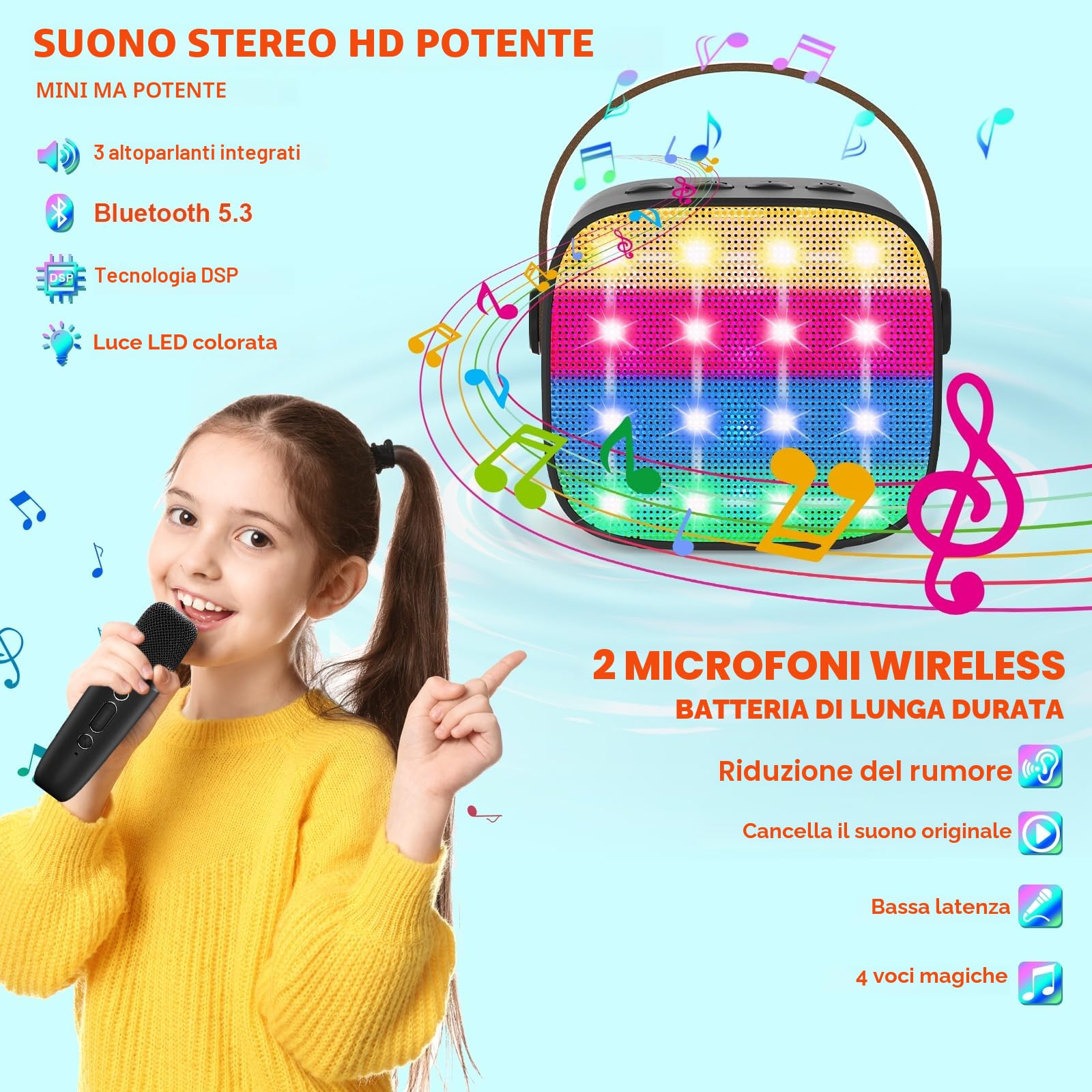 Macchina Karaoke per Bambini con 2 Microfoni Wireless Bluetooth, Altoparlante Portatile, Cambio Voce, Luci LED