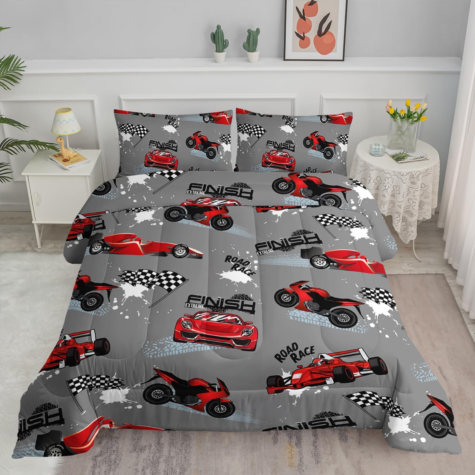 Axolotl Kid Comforter Set Queen Size,Racing Car Bedding Set for Boys Girls Teen Car Racing Gifts,Race Cars Quilt Bed Set with 1 Comforter 2 Pillowcases,Red Grey