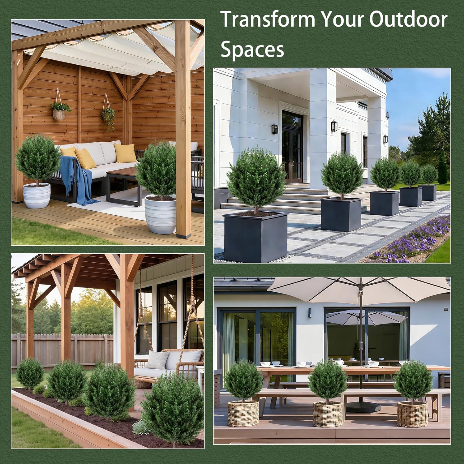 2 Pack 2FT Artificial Cedar Topiary Trees with Ground Spike, Fake Pine Shrubs Bushes, UV Resistant Faux Evergreen Cypress Tree Plants for Indoor Outdoor Planters Front Porch