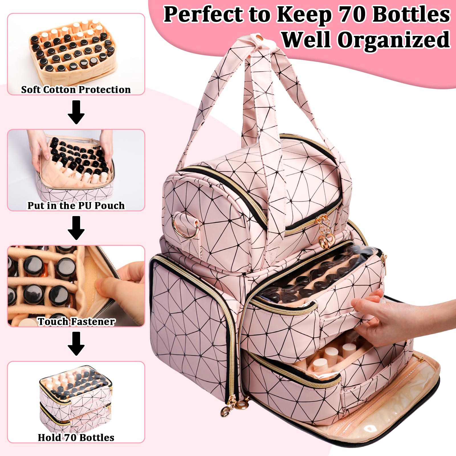 Veirdro Bolsa organizadora de esmalte de uñas, almacenamiento de hombro de piel sintética con 2 fundas extraíbles y lámpara de uñas, capacidad para 70 botellas, mochila de viaje portátil para