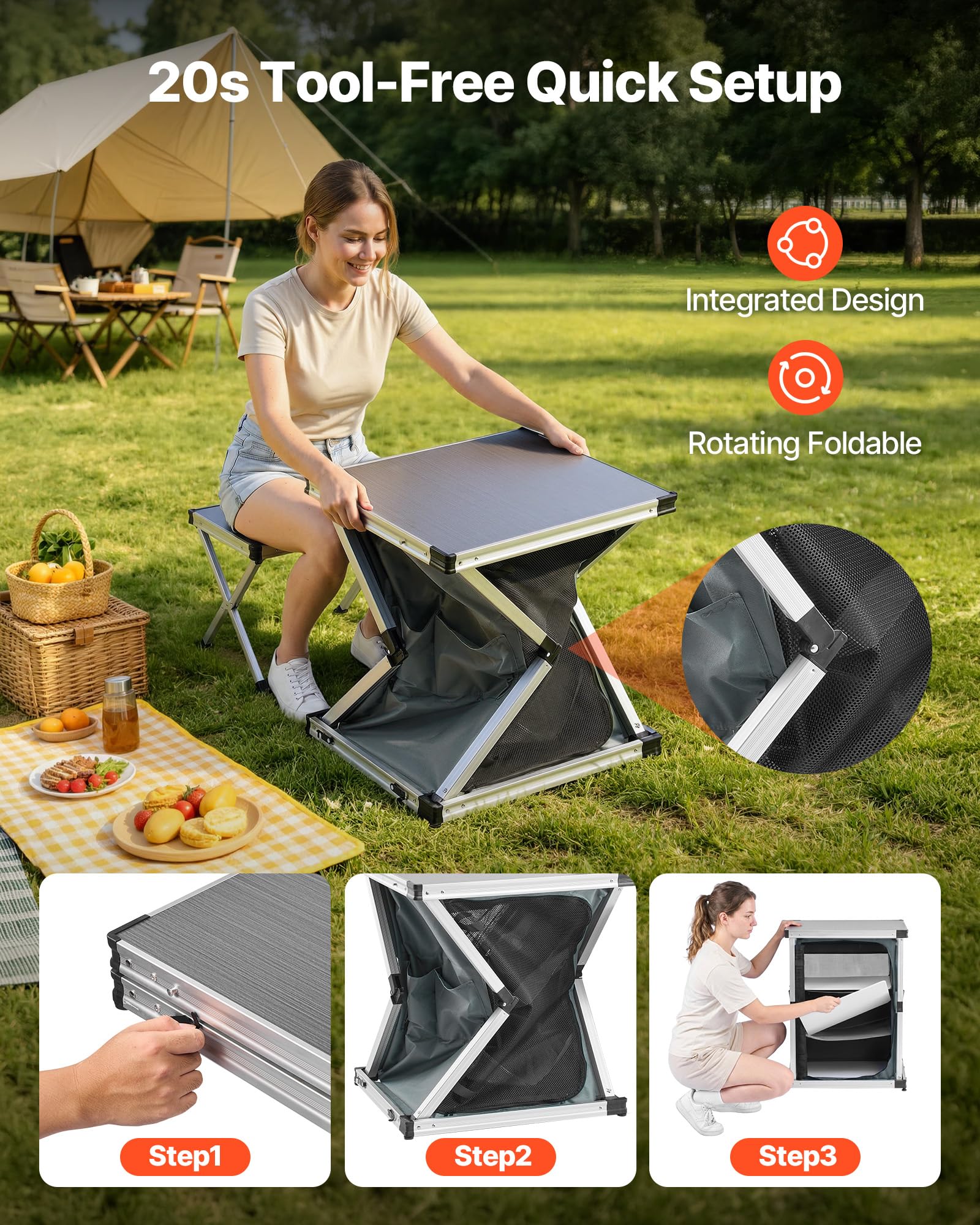 VEVOR Mobiletto da Campeggio Portatile Pieghevole, Cassetto Portatile da Esterno 3 Ripiani Portaoggetti Piano in MDF Carico max 30 kg Postazione Cucina da Picnic Barbecue Feste Viaggio in Camper