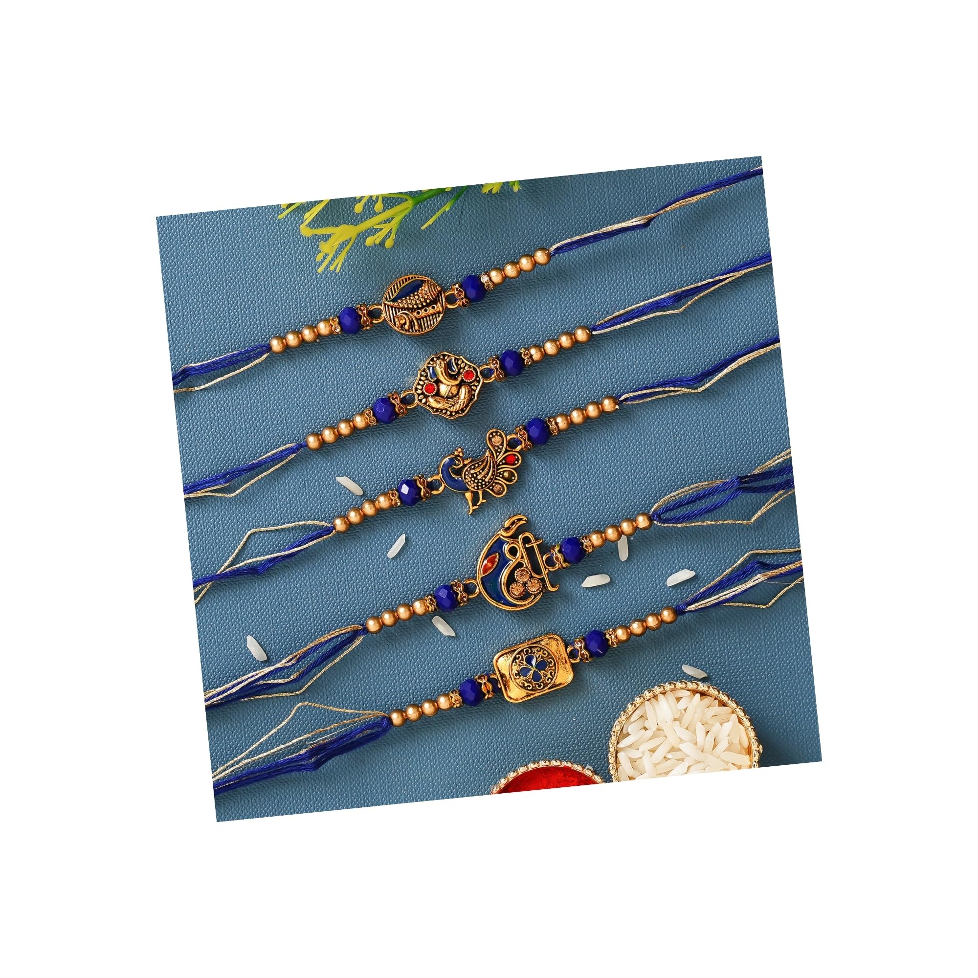 eCraftIndia Blue & Golden Set of 5 Religious Rakhis with Roli Chawal Pack - Designer Rakhis for Brother (B0B5DNRY69) Amazon Price History, Amazon Price Tracker
