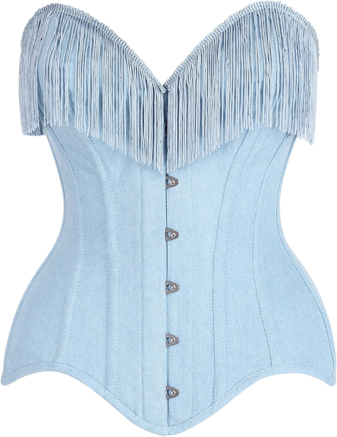 Daisy corsets womens Daisy Corsets Womens Light Blue Denim Steel Boned Overbust Corset Top W/Fringe - Image 2