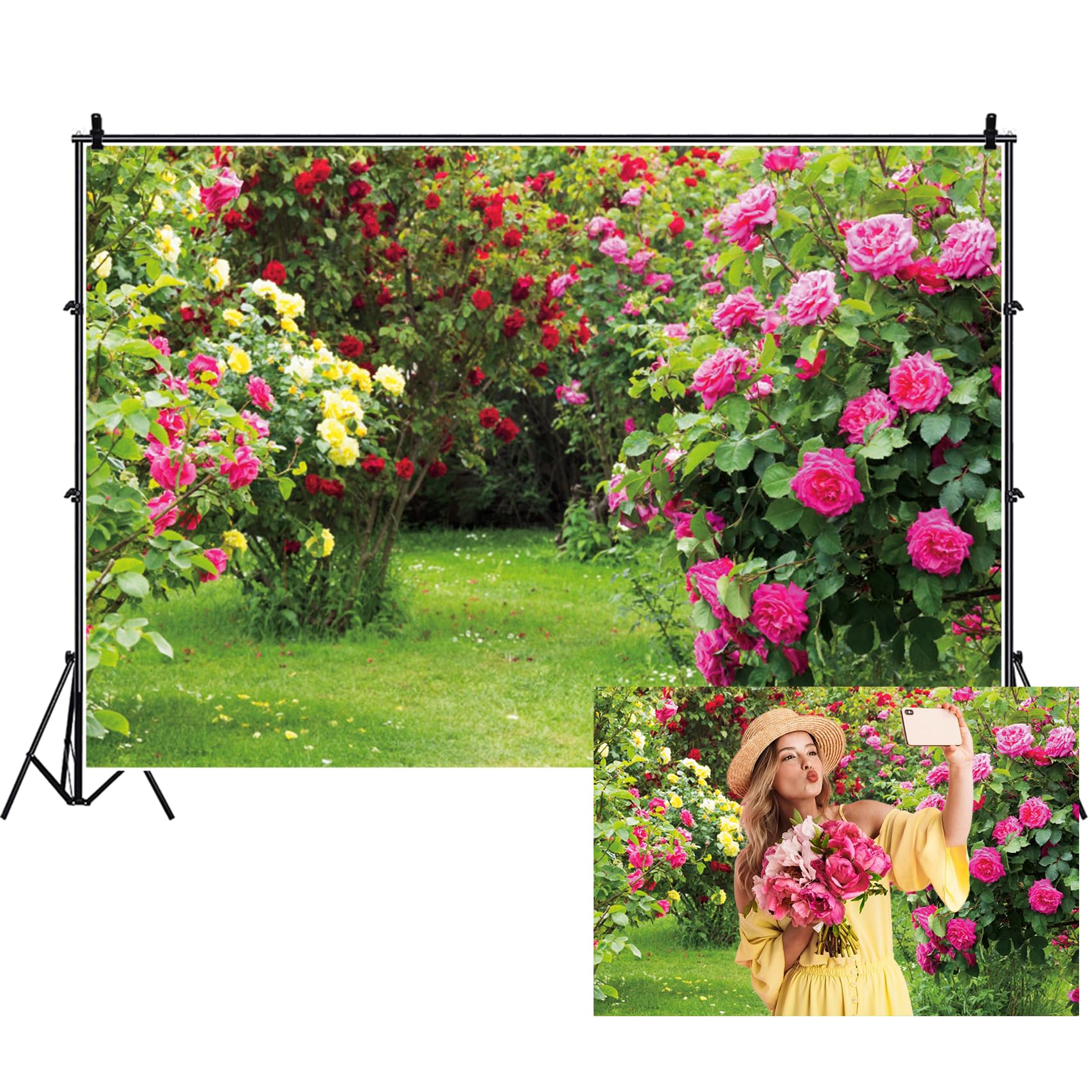 9x6ft Spring Floral Wall Backdrop - Yellow Wood Board With Pink Flowers Photography Background