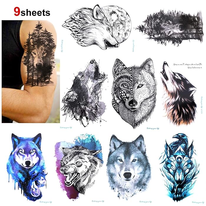 Buy Konsait 9 PCS Wolf Temporary Tattoo for Women Men, Fake Tattoo Body