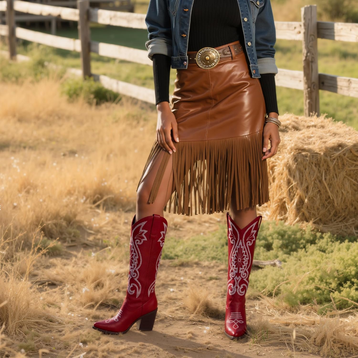 Modatope Knee High Cowboy Cowgirl Boots Embroidered Tall Western Boots for Women with Block Chunky Heel Pointed Toe and Slip on Design - Image 2