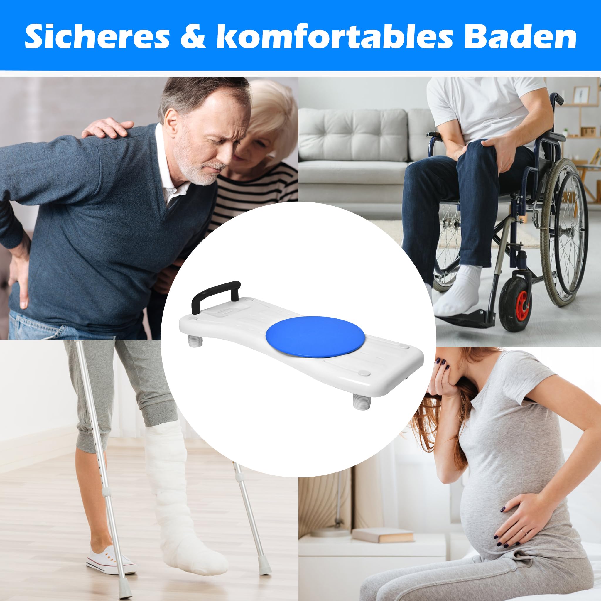 UISEBRT Badewannenbrett mit Drehscheibe Badewannensitz Senioren, Sitzbrett für Badewanne, Wannensitz mit Griff und Seifenablage, Länge 70 cm, Weiß und Schwarz