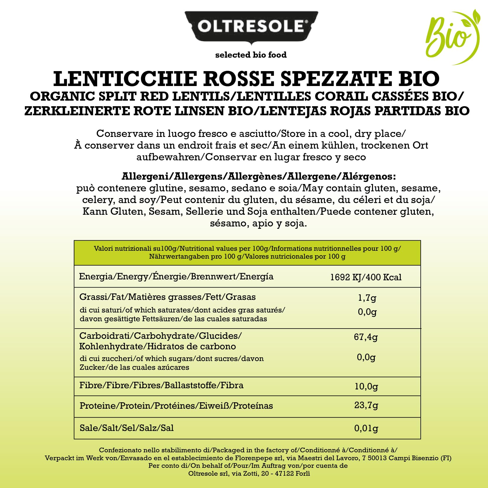 Oltresole, Lentejas rojas partidas ecológicas 5 Kg, Legumbres secas ecológicas, decorticadas y partidas, no necesitan remojo, Fuente de proteína y fibra, Tamaño práctico