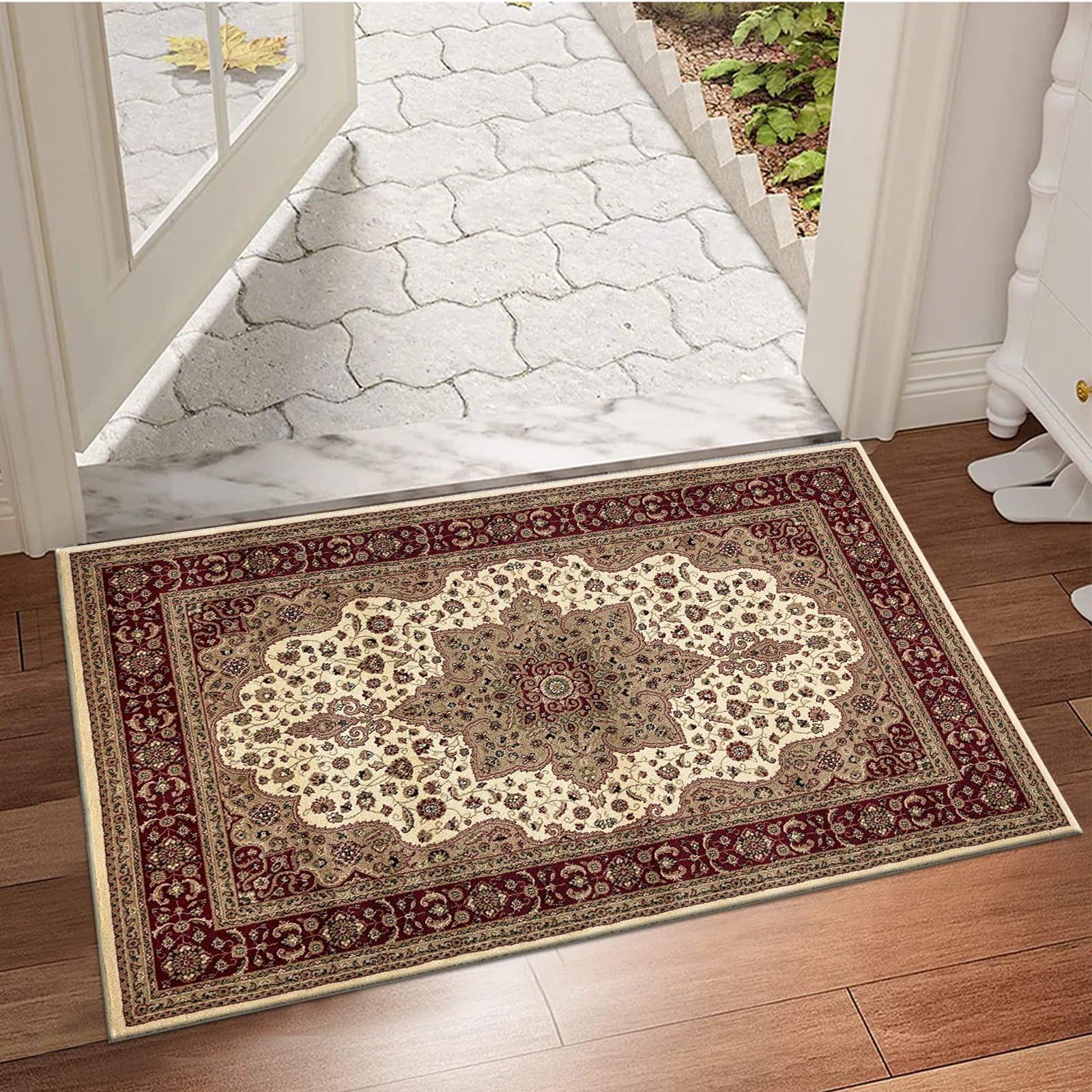 cozily® Hallway Runner, Classical Geometric Design Long Narrow Hall Living Room Carpet Runner Rug Kitchen Rugs Washable -60 X 110 - Rome Cream — image 1