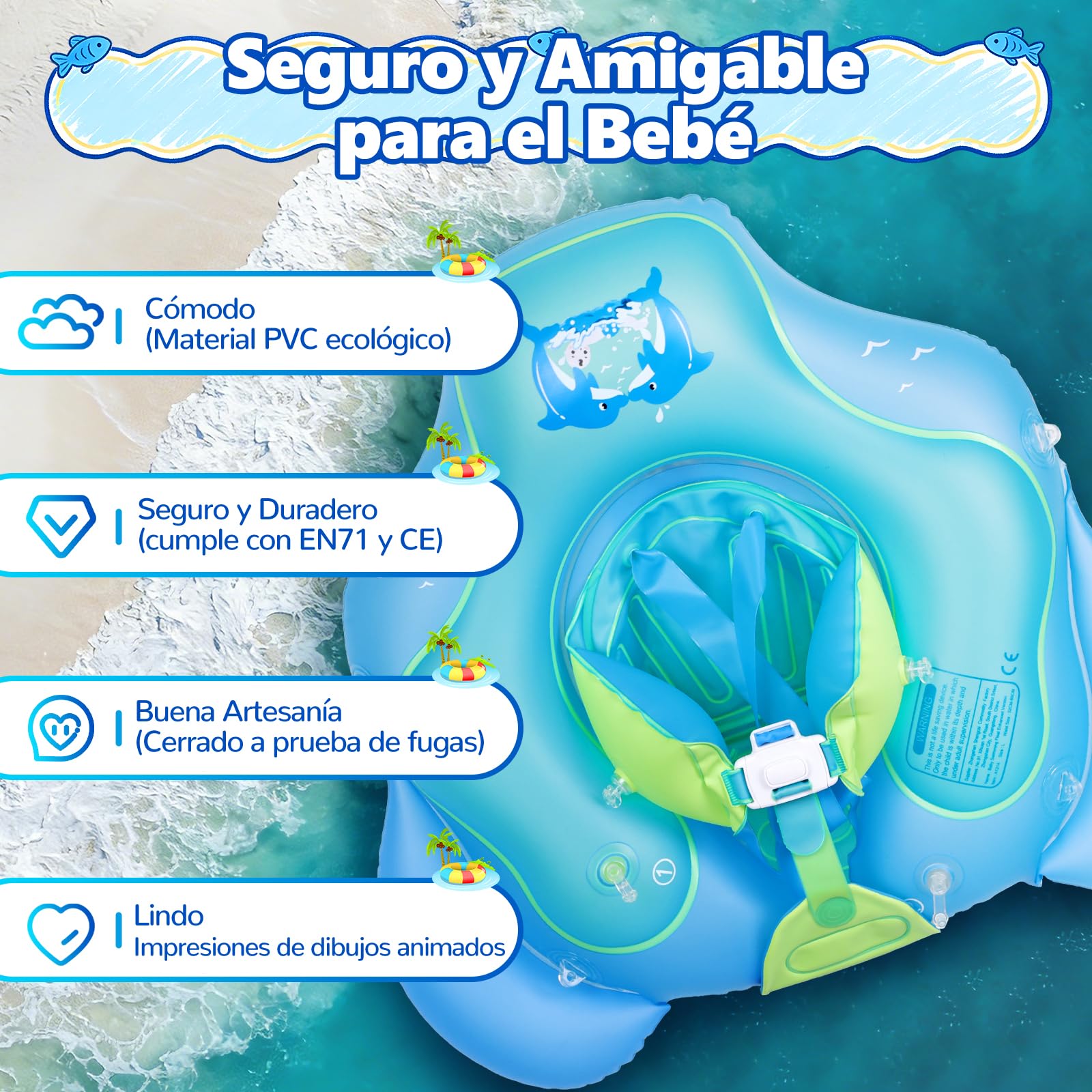 Flotador de Bebé con Toldo UPF 50+, Boya para Piscina Mejorada Que Previene Volteos, Asiento Acuático para niños de 6 a 36 Meses
