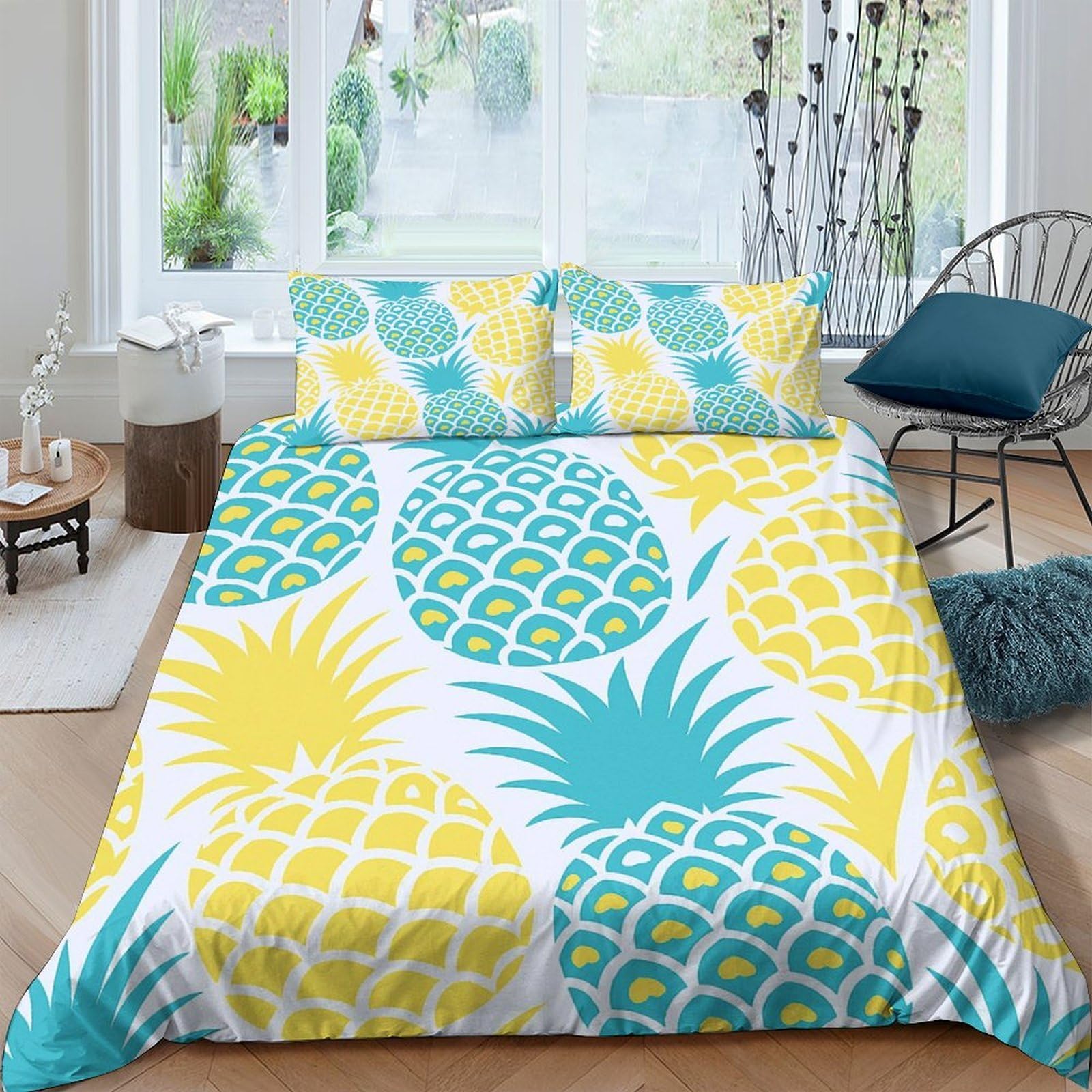 Ctjqhvkz Style-3 3D Printed Yellow Pineapple Fitted Sheet Microfiber Soft Blue Tropical Mattress Cover For Bedroom Dorm Decor Single（135X200cm）