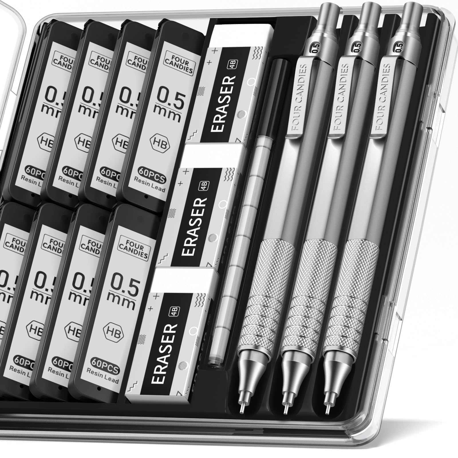 Four Candies Metal Mechanical Pencil Set with Case, 0.5mm, 3PCS, Silver