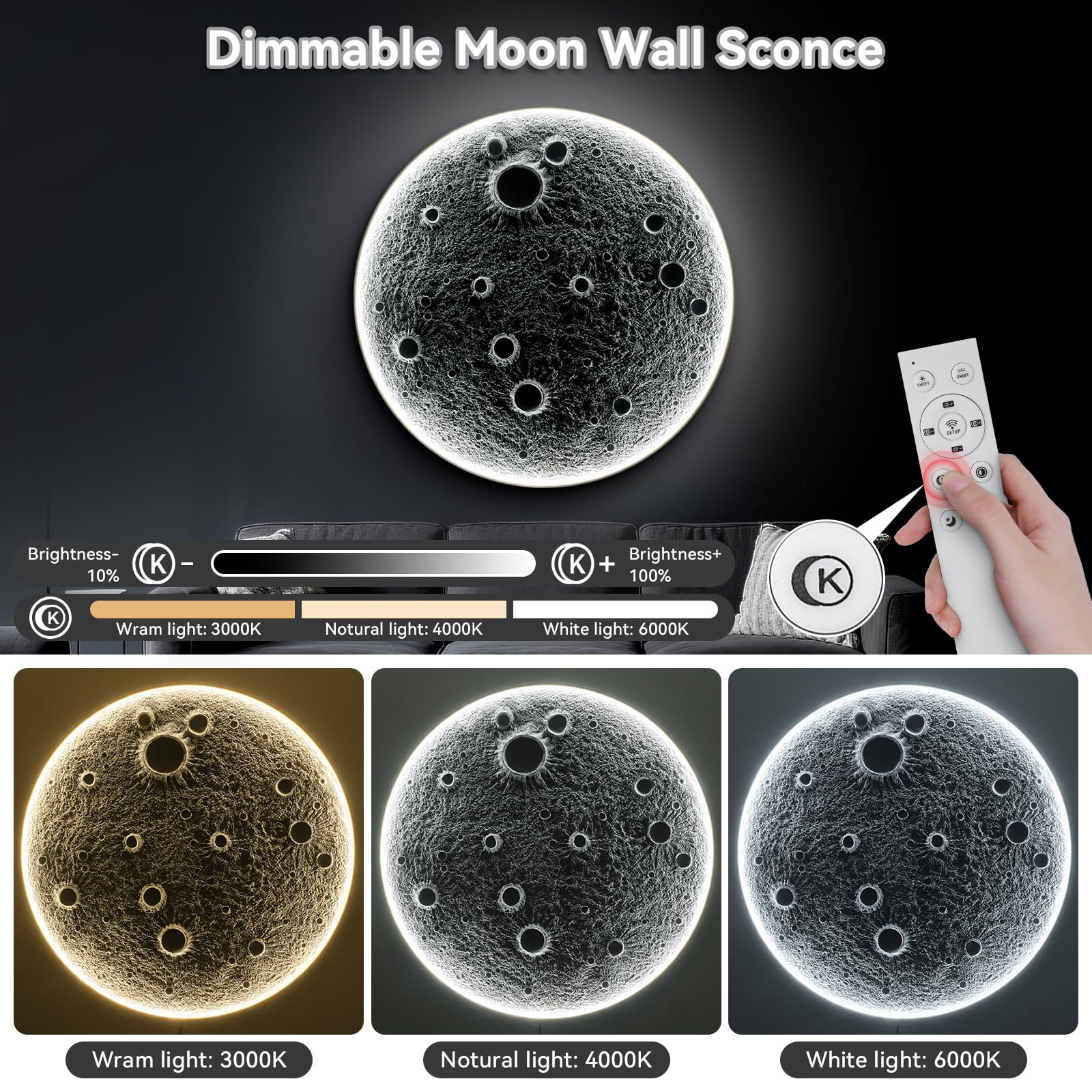 32-Inch Realistic Resin Moon Wall Lamp with Dual Brightness LED - Plug-in Dimmable Wall Light Fixture Remote Control — view 7