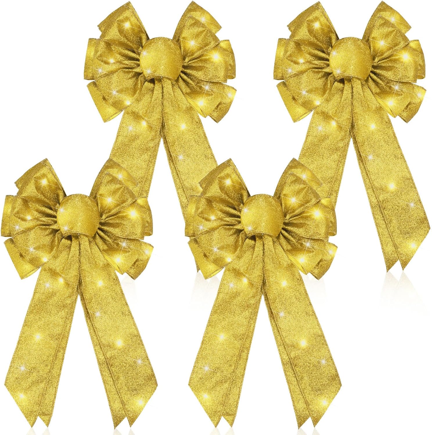Giegxin 4 Pcs Gold Christmas Tree Topper Bow Christmas Ribbon Wreath Bow Lighted LED Door Wall Decor for Indoor Outdoor Winter Xmas Decoration, 18 x 10 Inch