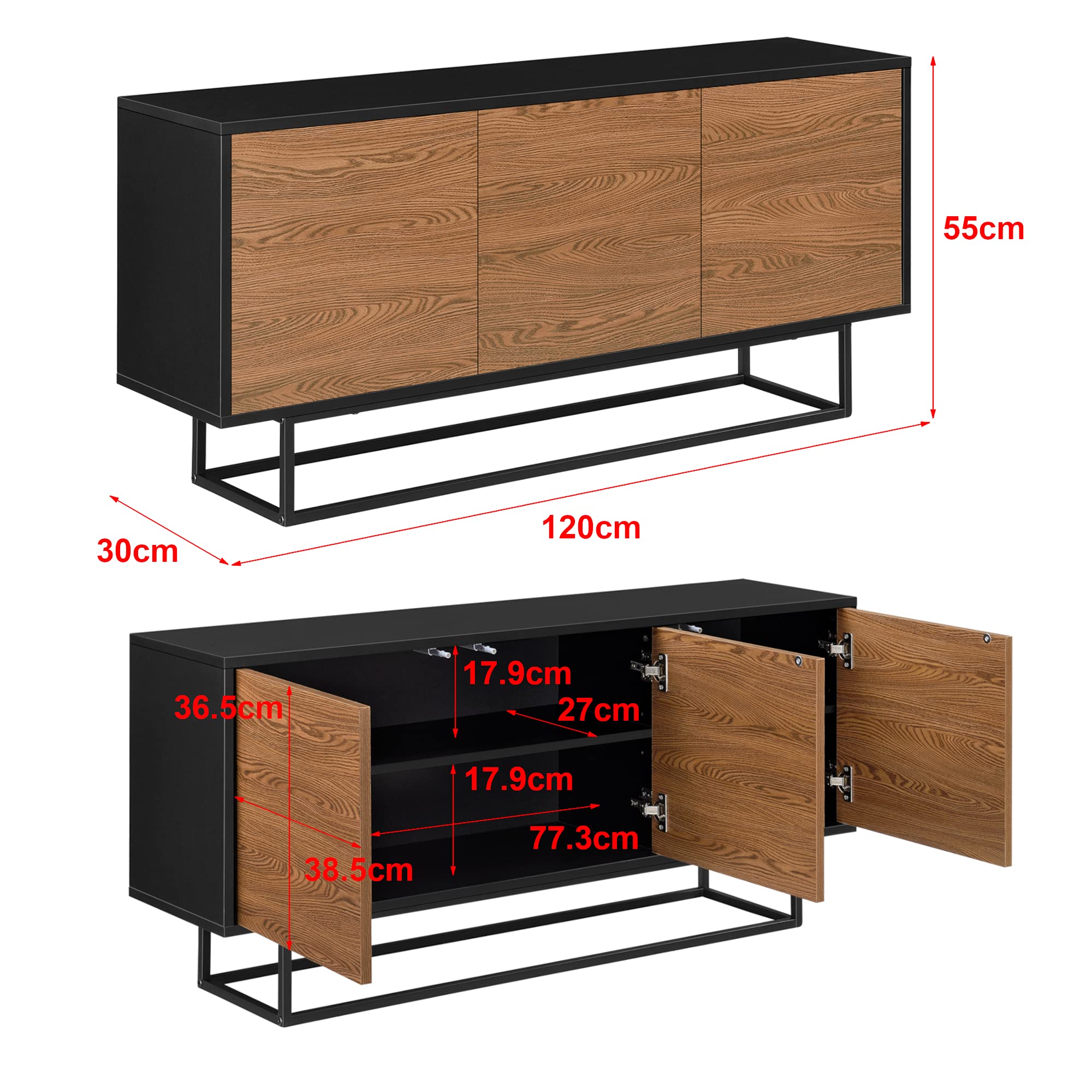 en.casa] Commode Tysnes dressoir met 3 lades 80x80x40 cm opbergkast ladekast met metalen frame eikenkleurig en zwart