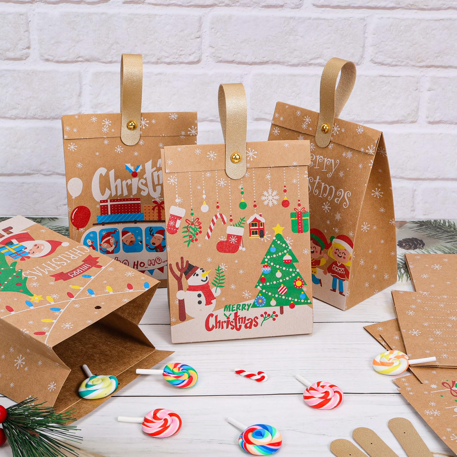 Qpout 12 sacchetti regalo natalizi in carta kraft con manici