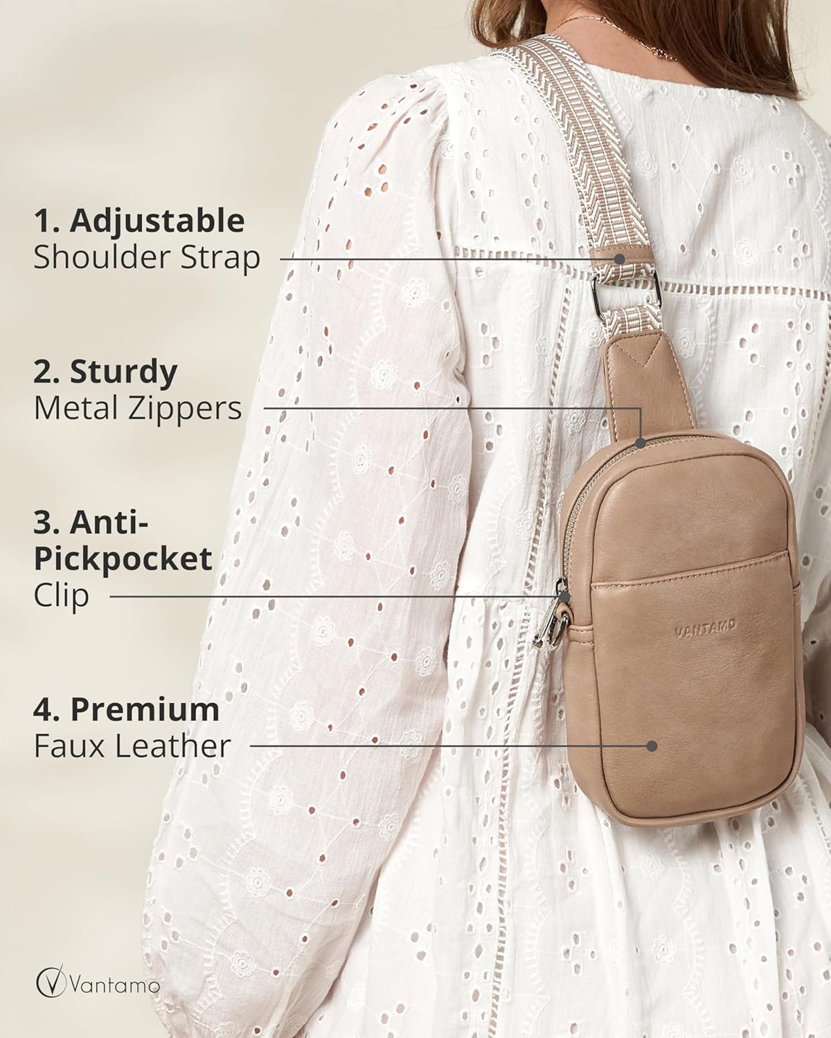 Vantamo Sling Bag for Women 29"-52" Adjustable Strap, Extra Safe Cross Body Bags for Women with RFID & Anti-Pickpocket Clip, PU Leather Pack with Gift Box, Stone Crossbody Bag - Image 5
