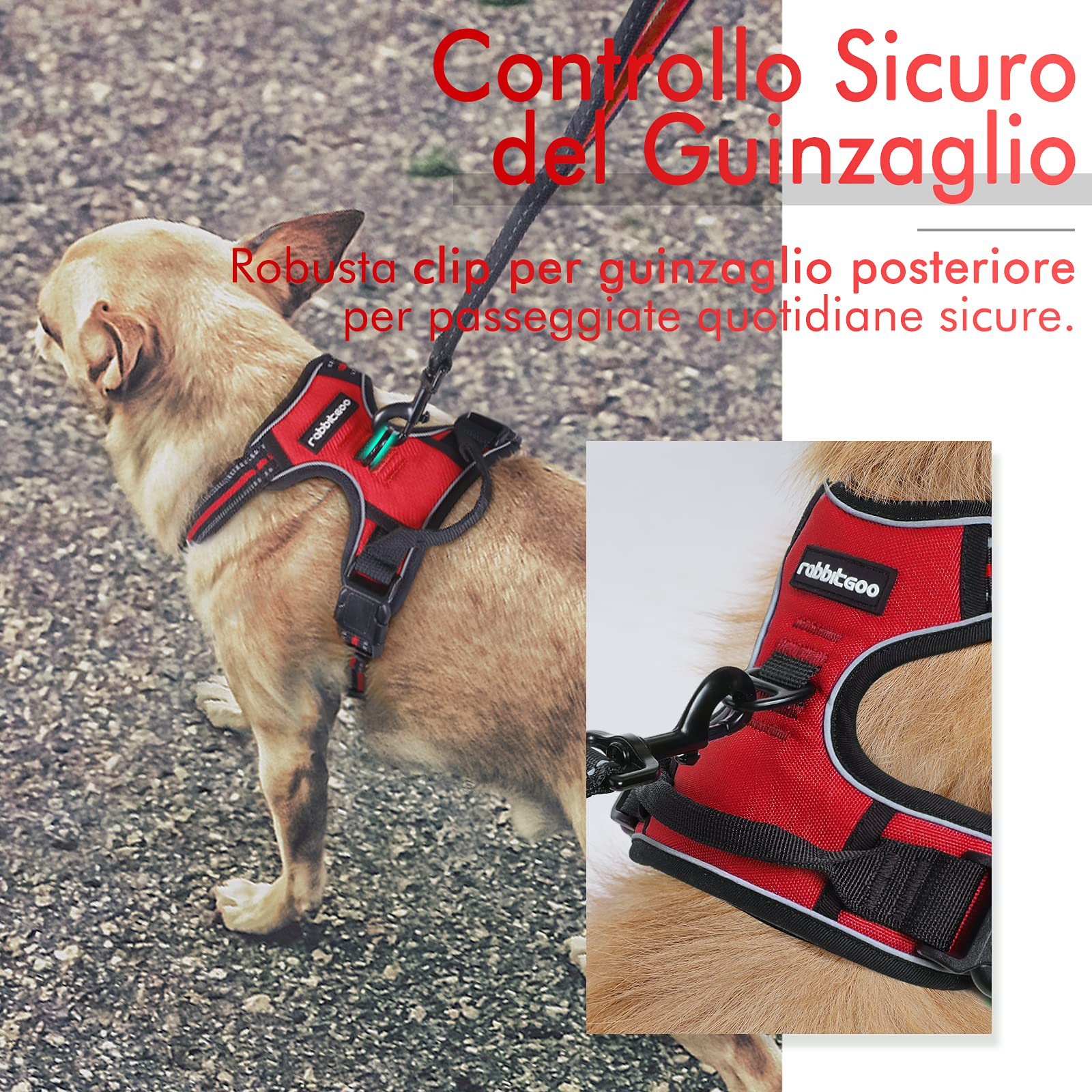 rabbitgoo Pettorina Cane Taglia Grande, Pettorina Cane ad h Regolabile con 2 Ganci in Metallo, Imbracatura per Cani Anti Tiro Riflettente, Imbracatura Traspirante per Addestramento Corsa, Rossa, L