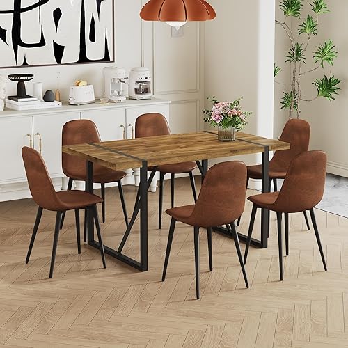 Dining Table Set for 6, Modern 55'' Dark Wood Dining Table and Fabric Dining Chairs Set of 6,Table and Chairs Set of 6,Ideal for Kitchen Dining Room